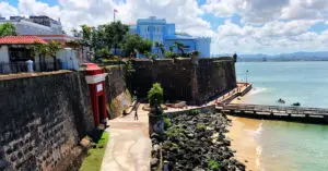 The iconic San Juan Gate seen from a distance in Old San Juan, Puerto Rico