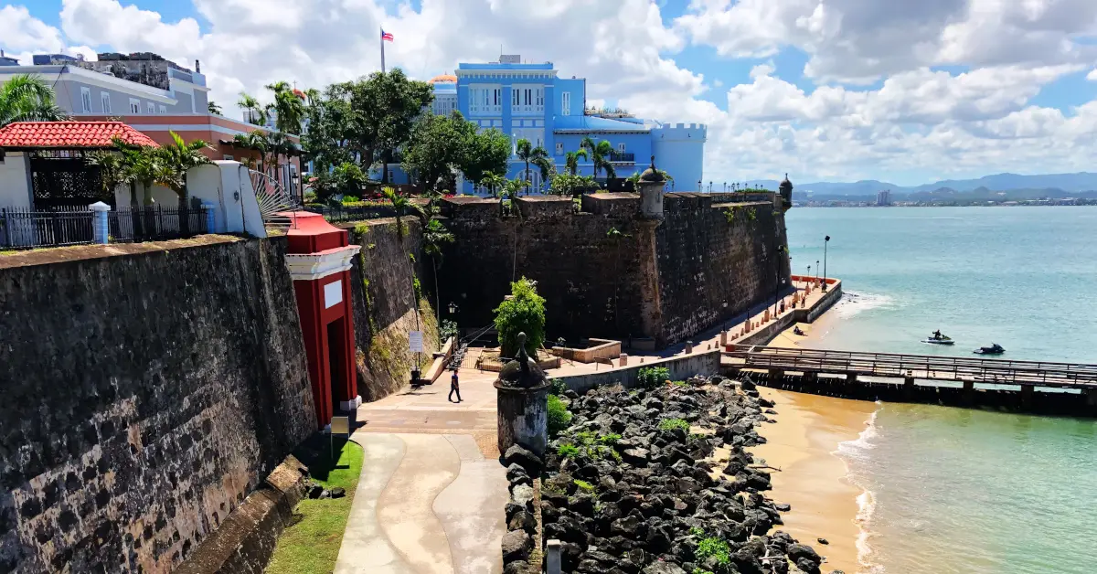 The iconic San Juan Gate seen from a distance in Old San Juan, Puerto Rico